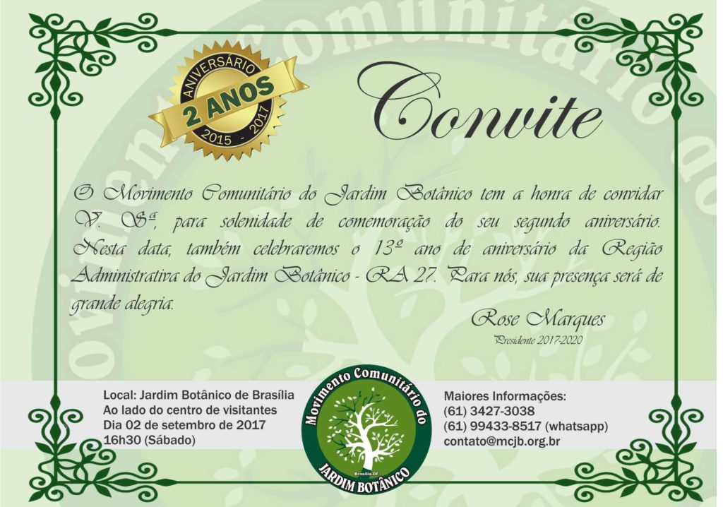 Convite - Aniversário de dois anos do Movimento Comunitário do Jardim Botânico